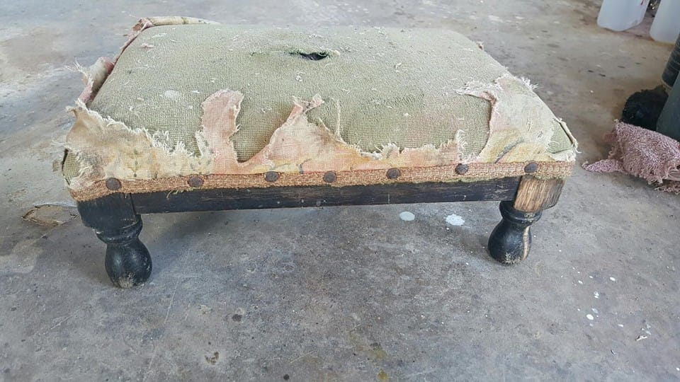 Oak tapestry footstool — before restoration