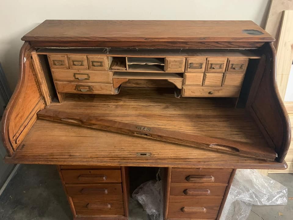 Oak roll top desk — before restoration