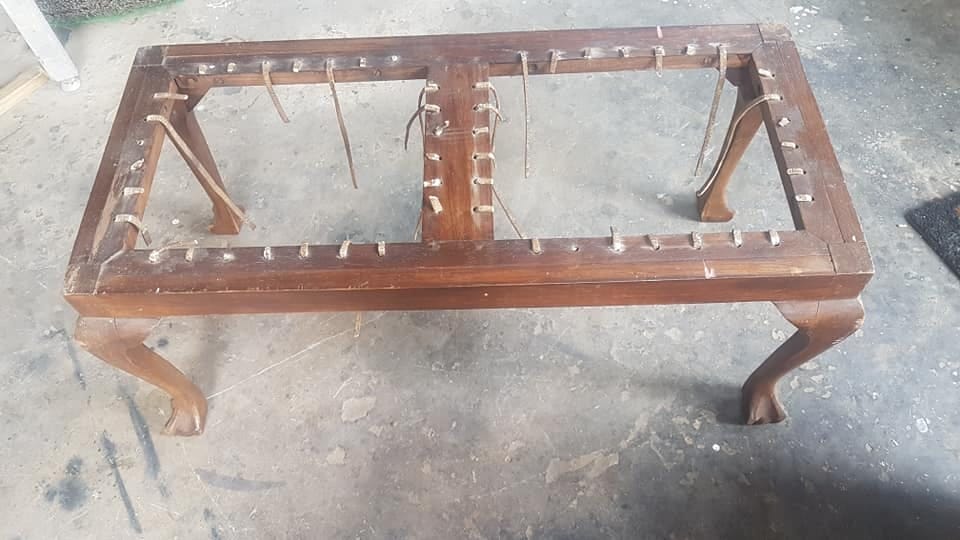 Rawhide riempies stool — before restoration